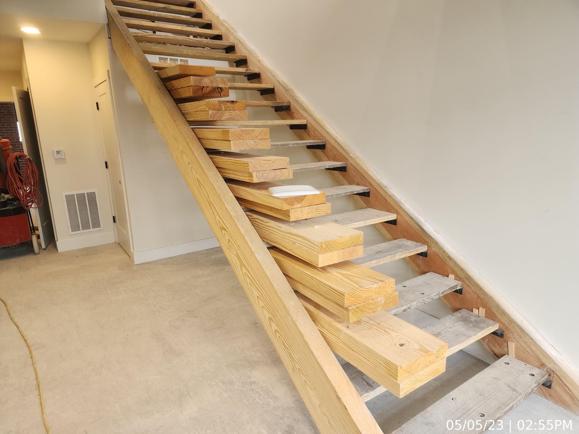 Installation of stair stringers.