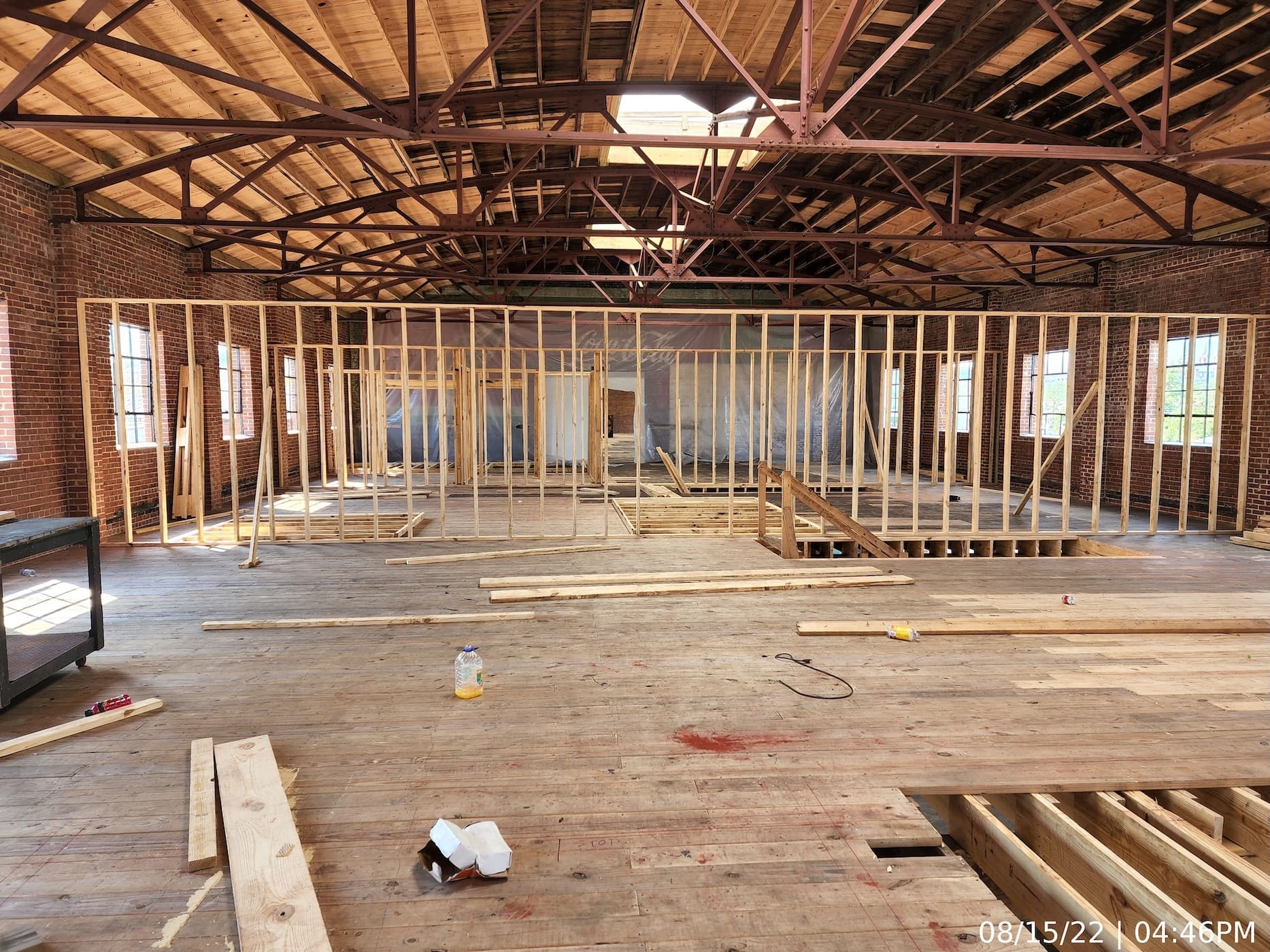 Upper level interior framing begins.